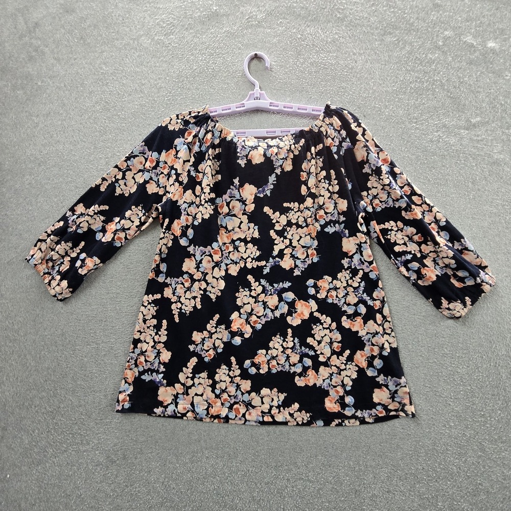 J Jill Women Blouse S Navy Floral Elastic Scoop Neck Pullover